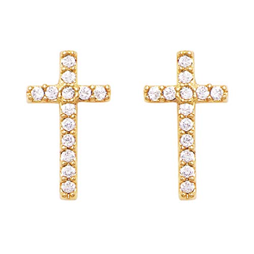Religious Stud Earrings "Petite Crystal Cross" (14K gold-dipped)