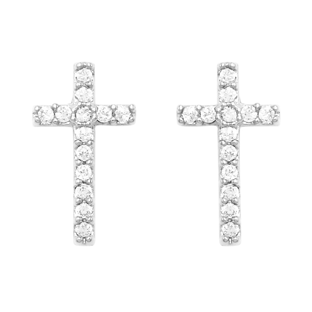 Religious Stud Earrings "Petite Crystal Cross" (white-gold dipped)