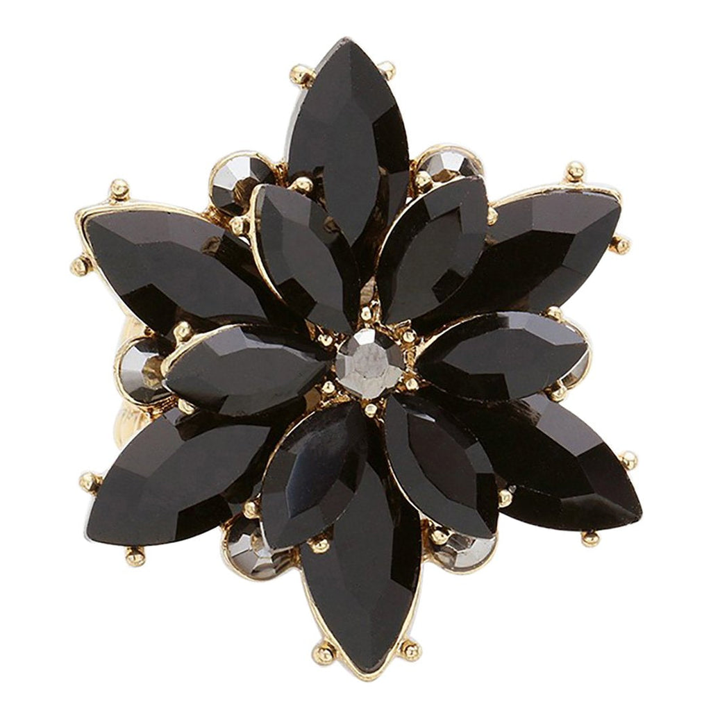 Dazzling Crystal Flower Stretch Cocktail Ring (Black/Gold Tone)
