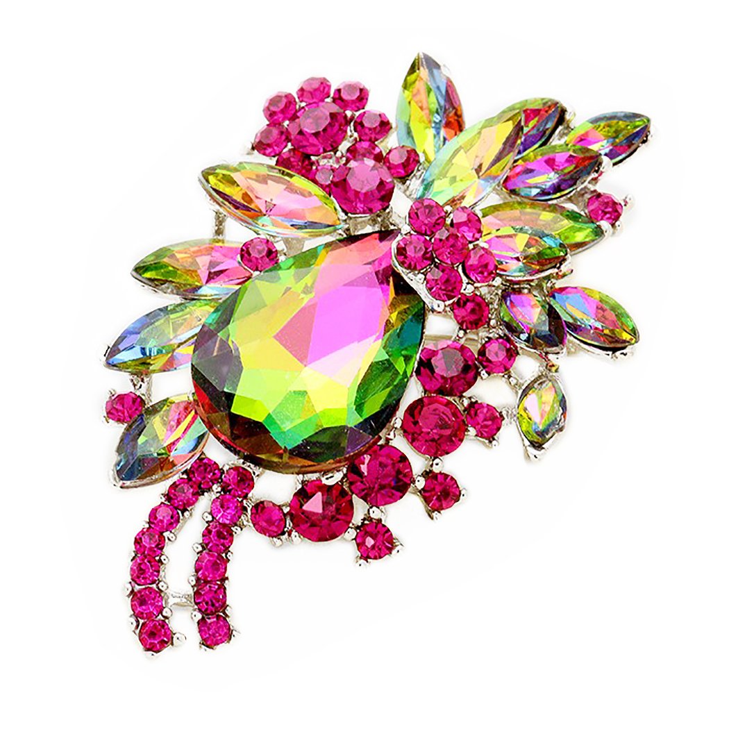 Rosemarie Collections Colorful Glass Crystal Teardrop Flower Statement Brooch Pin Pendant (Multicolored Rainbow Vitrail and Fuchsia Pink)