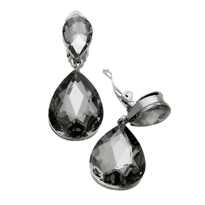 Double Teardrop Crystal Statement Clip On Earrings (Black Diamond/Hematite)