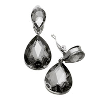 Stunning Double Teardrop Crystal Statement Clip On Earrings, 1.75" (Black Diamond/Hematite)