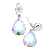 Double Teardrop Crystal Statement Clip On Earrings (AB Crystal Silver Tone)