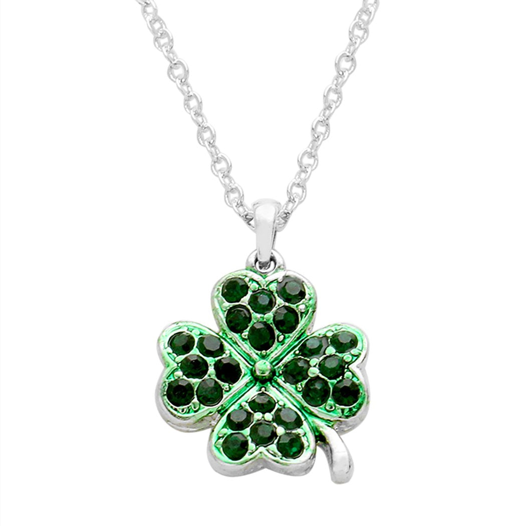 Green Dainty Pave Crystal Four Leaf Clover Pendant Necklace, 16"-18" with 2" Extender