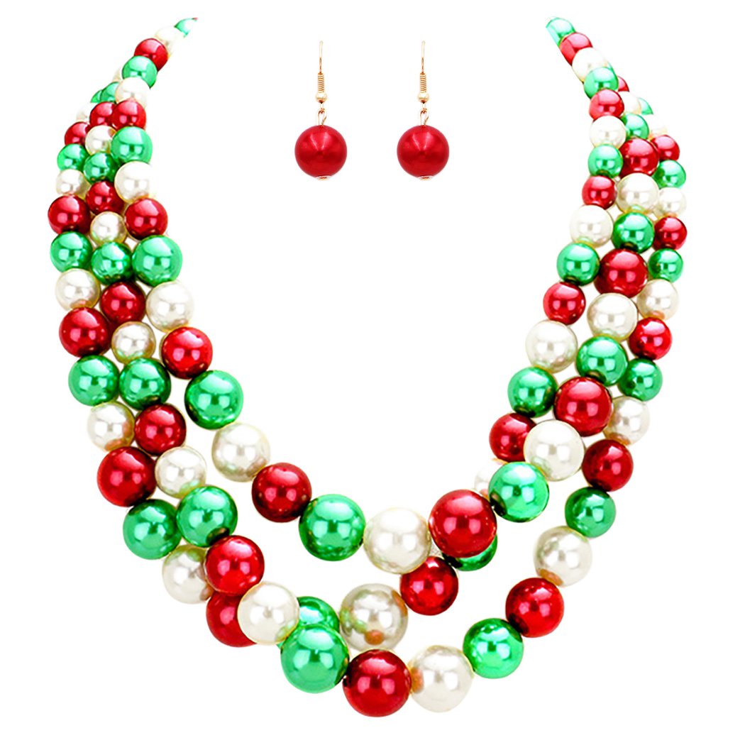Multi Strand Simulated Pearl Holiday Christmas Green Red White and Gold Necklace and Earrings Jewelry Set (Christmas Mix)