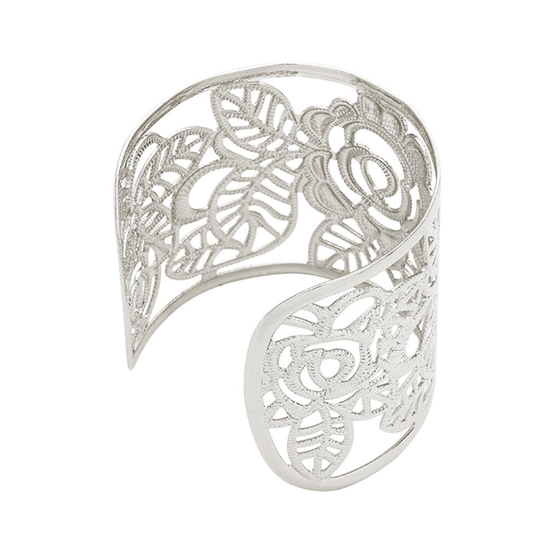 Filigree Flower and Leaf Wide Cuff Bangle Bracelet (Silver Tone)