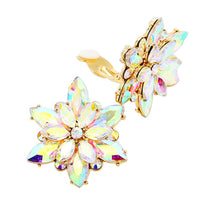 Stunning Crystal Rhinestone Flower Clip On Style Earrings, 1.62" (AB Crystal GoldTone)