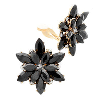 Stunning Crystal Rhinestone Flower Clip On Style Earrings, 1.62" (Jet Black Crystal Gold Tone)