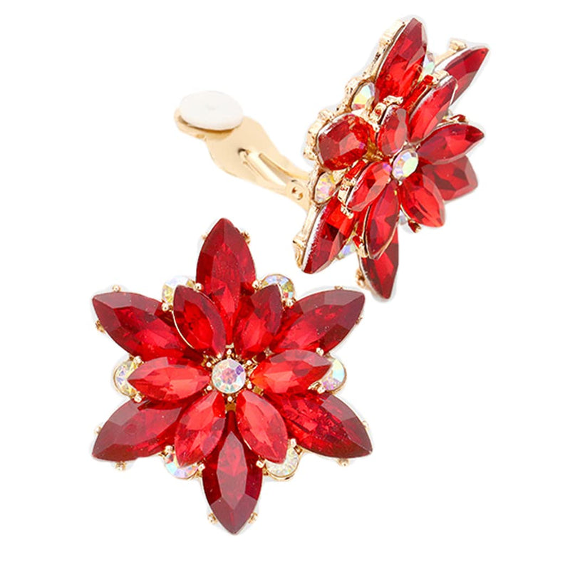 Stunning Crystal Rhinestone Flower Clip On Style Earrings, 1.62" (Red Crystal Gold Tone)