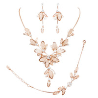 3 Piece Rhinestone And Metal Mesh Floral Statement Necklace Bracelet Earring Set (Clear Crystal Rose Gold Tone)