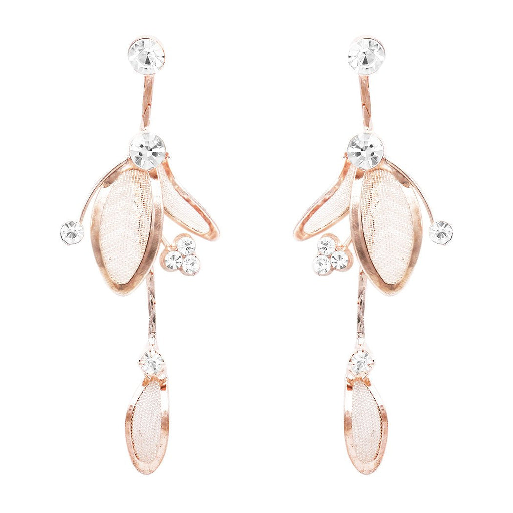 3 Piece Rhinestone And Metal Mesh Floral Statement Necklace Bracelet Earring Set (Clear Crystal Rose Gold Tone)