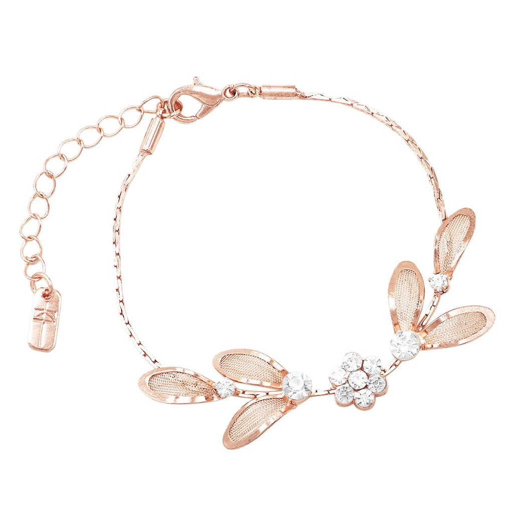 3 Piece Rhinestone And Metal Mesh Floral Statement Necklace Bracelet Earring Set (Clear Crystal Rose Gold Tone)