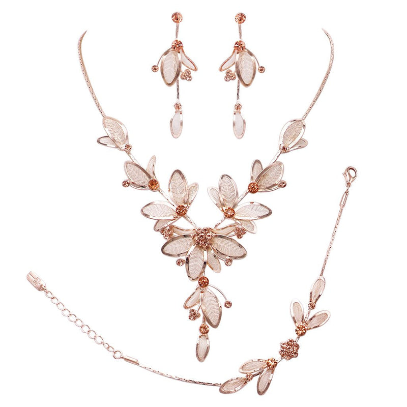 Women's Floral Statement Necklace Bracelet Earring Jewelry Gift Set (Peach/Rose Gold Tone)