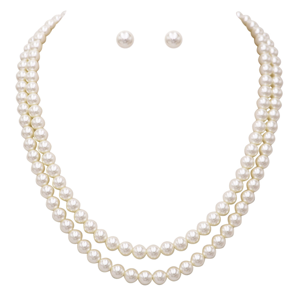 Double Strand Classic Simulated Pearl Necklace and Earring Jewelry Gift Set, 20"- 22" with 2.5" extender (8mm Cream Pearl Gold Tone)