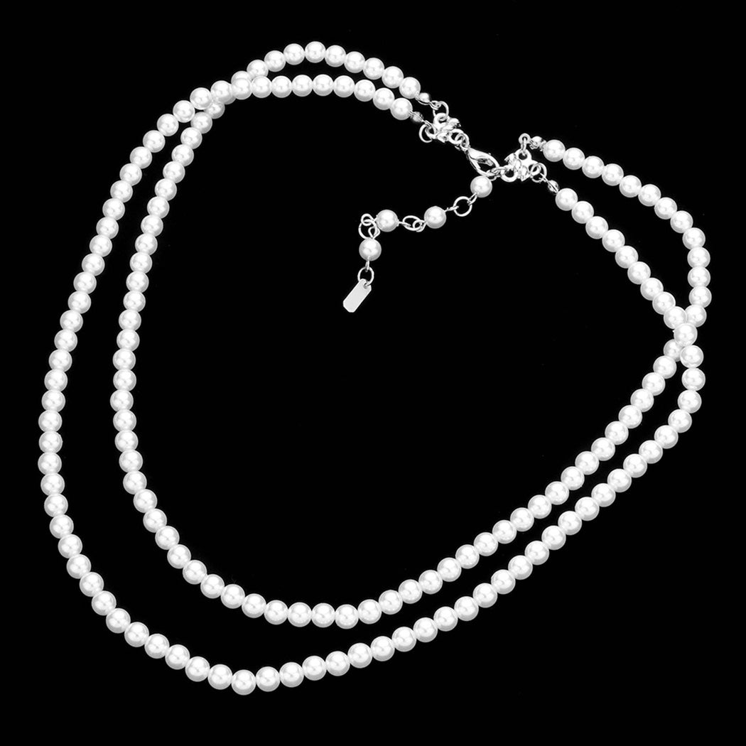 Double Strand Classic Simulated Pearl Necklace And Earring Jewelry Gift Set, 20"+2.5" Extender (6mm, White Pearl SilverTone)