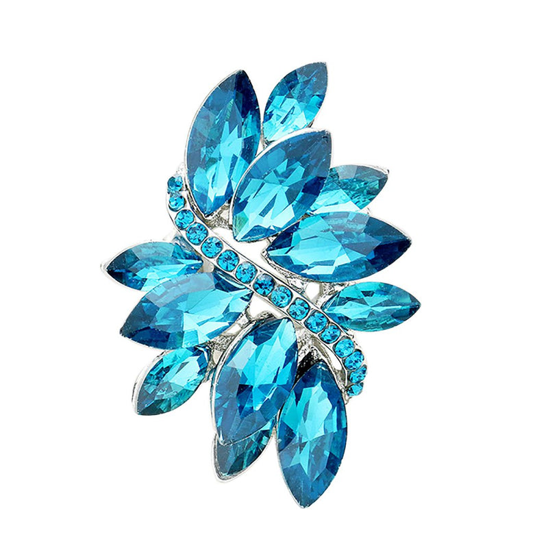 Dazzling Crystal Leaf Stretch Cocktail Ring (Aqua Blue)