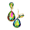 Trendy Double Teardrop Crystal Statement Clip On Earrings (Rainbow Vitrail/Gold Tone)