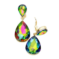 Trendy Double Teardrop Crystal Statement Clip On Earrings (Rainbow Vitrail/Gold Tone)