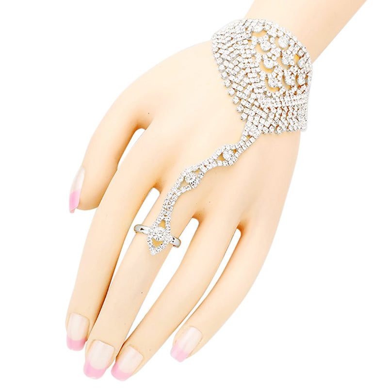 Sparkling Silver Tone Glass Crystal Rhinestone Hand Chain Bracelet and Ring