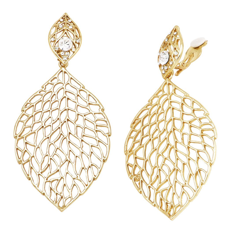 Extra Large Leaf Crystal and Filigree Clip on Earrings, 4"