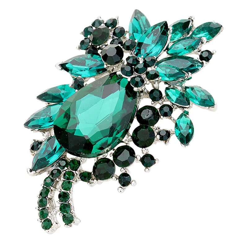 Women's Stunning Green Glass Crystal Teardrop Flower Statement Brooch Pin Pendant