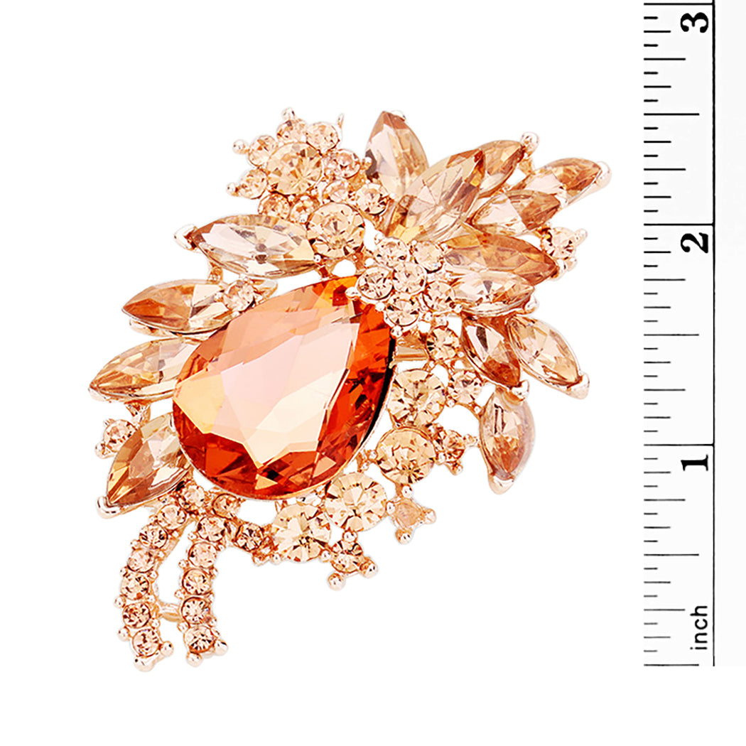 Stunning Colorful Glass Crystal Teardrop Flower Statement Brooch Pin Pendant, 3.25" (Peach Crystal Rose Gold Tone)