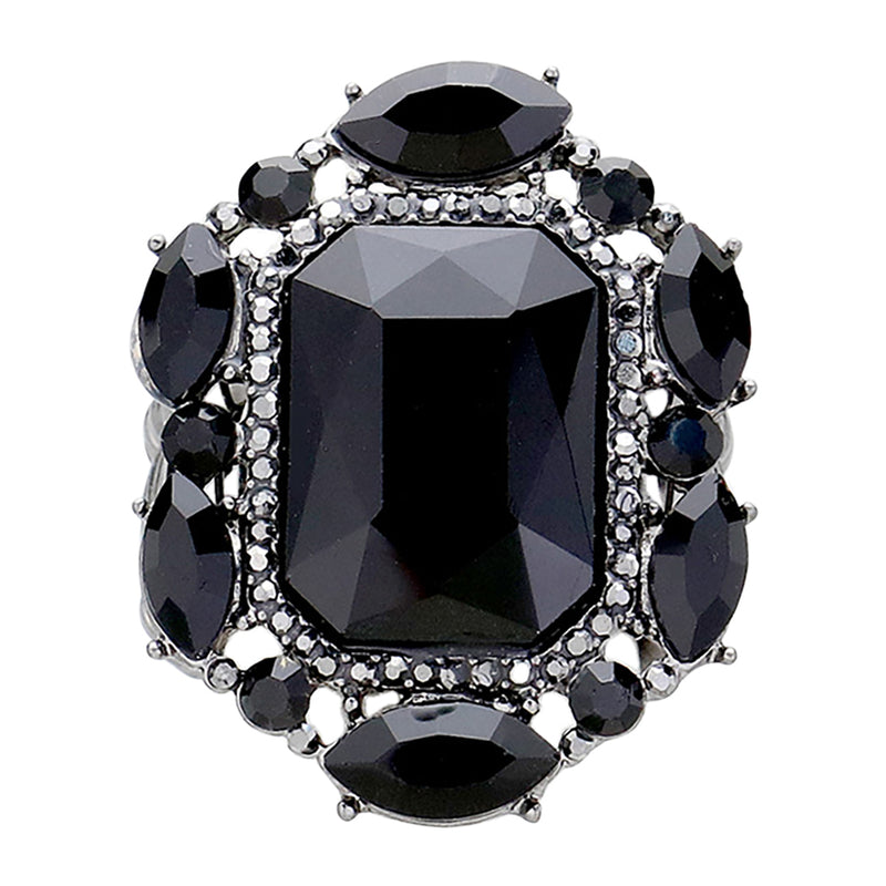 Stunning Statement Emerald Cut Glass Crystal Stretch Band Cocktail Ring (Jet Black Crystal Hematite Tone)