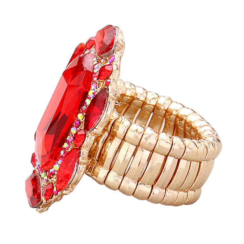 Stunning Statement Emerald Cut Glass Crystal Stretch Band Cocktail Ring (Red Crystal Gold Tone)