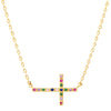 Gold Dipped Sideways Cross With Sparkling Cubic Zirconia Crystal Religious Pendant Necklace 15.5"+2" Extender