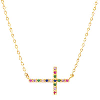 Gold Dipped Sideways Cross With Sparkling Cubic Zirconia Crystal Religious Pendant Necklace 15.5"+2" Extender