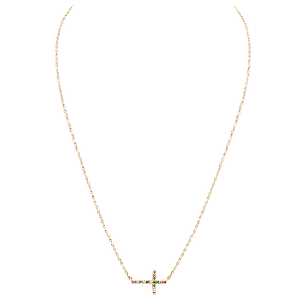 Gold Dipped Sideways Cross With Sparkling Cubic Zirconia Crystal Religious Pendant Necklace 15.5"+2" Extender