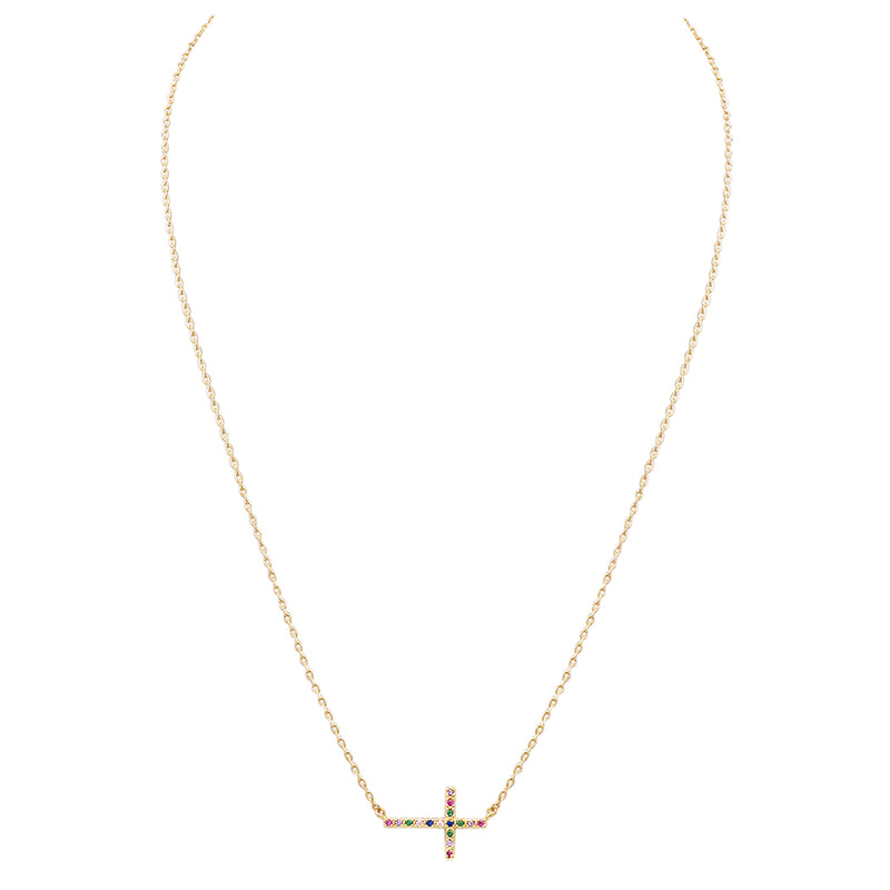 Gold Dipped Sideways Cross With Sparkling Cubic Zirconia Crystal Religious Pendant Necklace 15.5"+2" Extender