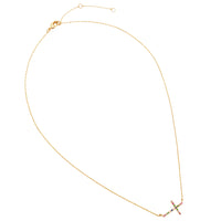Gold Dipped Sideways Cross With Sparkling Cubic Zirconia Crystal Religious Pendant Necklace 15.5"+2" Extender