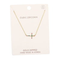 Gold Dipped Sideways Cross With Sparkling Cubic Zirconia Crystal Religious Pendant Necklace 15.5"+2" Extender