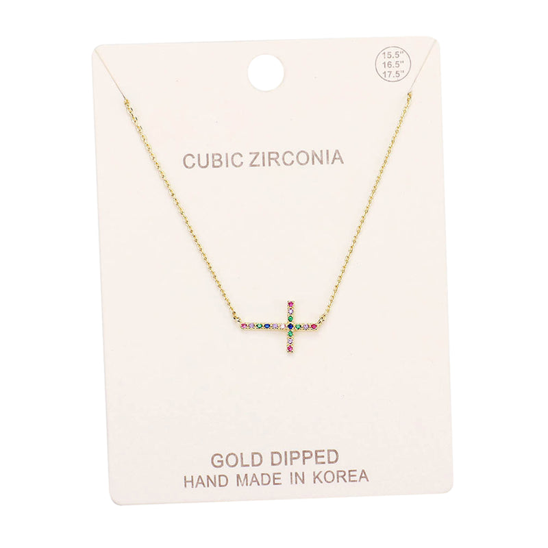Gold Dipped Sideways Cross With Sparkling Cubic Zirconia Crystal Religious Pendant Necklace 15.5"+2" Extender