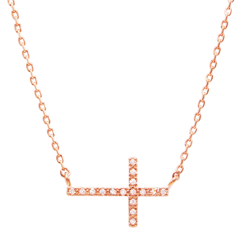 Gold Dipped Sideways Cross With Sparkling Cubic Zirconia Crystal Religious Pendant Necklace 15.5"+2" Extender(Rose Gold Dipped/Clear)