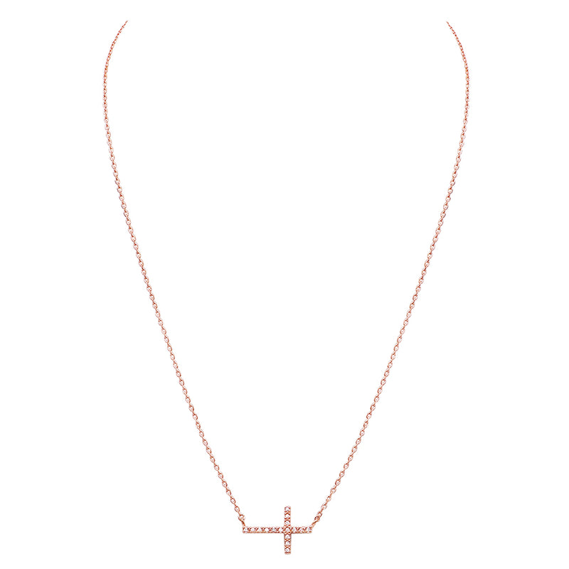 Gold Dipped Sideways Cross With Sparkling Cubic Zirconia Crystal Religious Pendant Necklace 15.5"+2" Extender(Rose Gold Dipped/Clear)