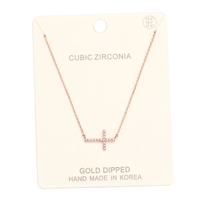 Gold Dipped Sideways Cross With Sparkling Cubic Zirconia Crystal Religious Pendant Necklace 15.5"+2" Extender(Rose Gold Dipped/Clear)