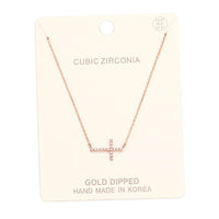 Gold Dipped Sideways Cross With Sparkling Cubic Zirconia Crystal Religious Pendant Necklace 15.5"+2" Extender(Rose Gold Dipped/Clear)