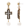 Stunning Simulated Pearl Antique Metal Cross Dangle Earrings, 2.25"