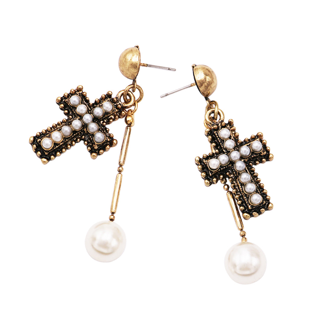 Stunning Simulated Pearl Antique Metal Cross Dangle Earrings, 2.25"