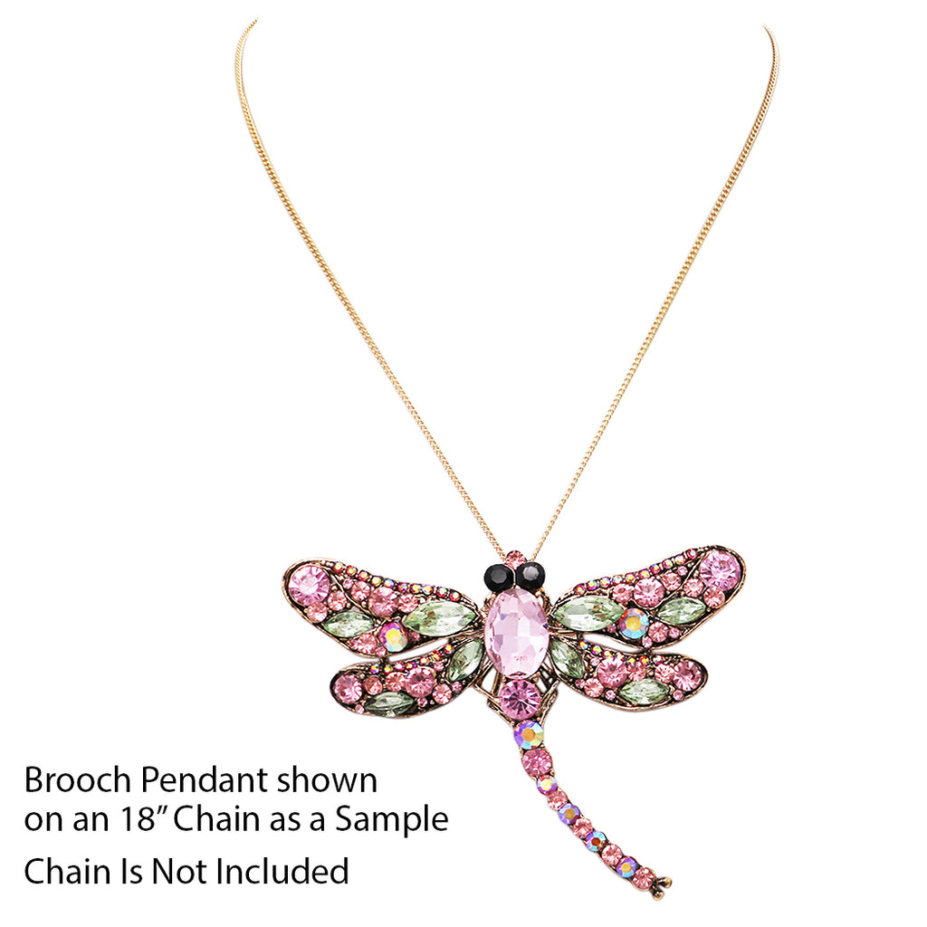 Enchanted Sparkling Glass Crystal Dragonfly Brooch Pendant, 3.25" (Pink And Green Crystal Burnished Gold Tone Frame)