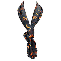 Spooktacular Halloween Fun Print Lightweight Fashion Scarf (Ghost Skull Crossbones Cauldron Hat Spider Bat Candy BLACK)