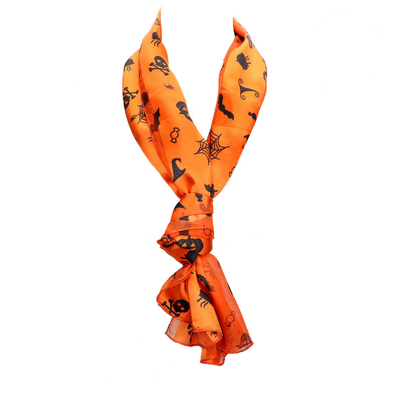 Spooktacular Halloween Fun Print Lightweight Fashion Scarf (Ghost Skull Crossbones Cauldron Hat Spider Bat Candy ORANGE)