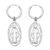 Religious 14K Gold Filled Medal of Mary Hoop Drop Earrings, 1.6" (Silver Tone)
