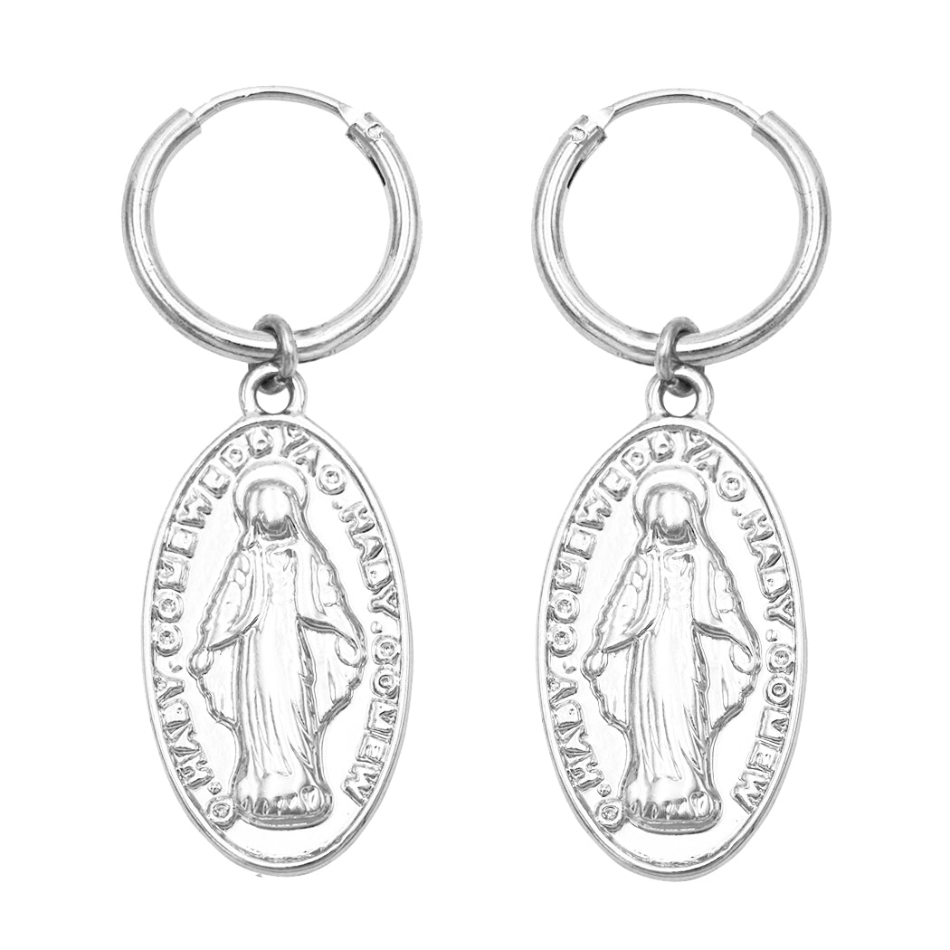 Religious 14K Gold Filled Medal of Mary Hoop Drop Earrings, 1.6" (Silver Tone)