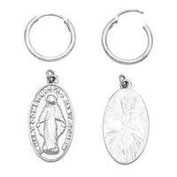 Religious 14K Gold Filled Medal of Mary Hoop Drop Earrings, 1.6" (Silver Tone)