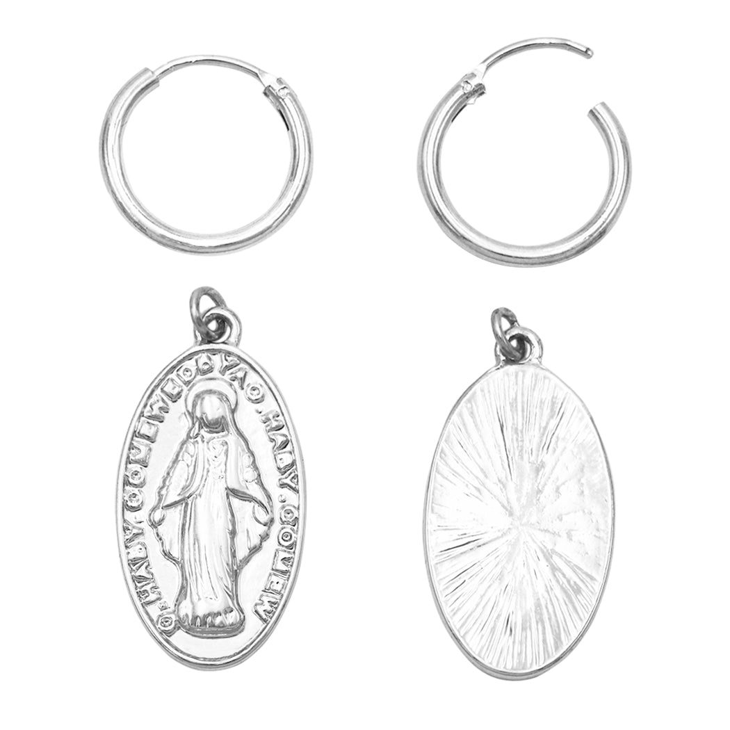 Religious 14K Gold Filled Medal of Mary Hoop Drop Earrings, 1.6" (Silver Tone)