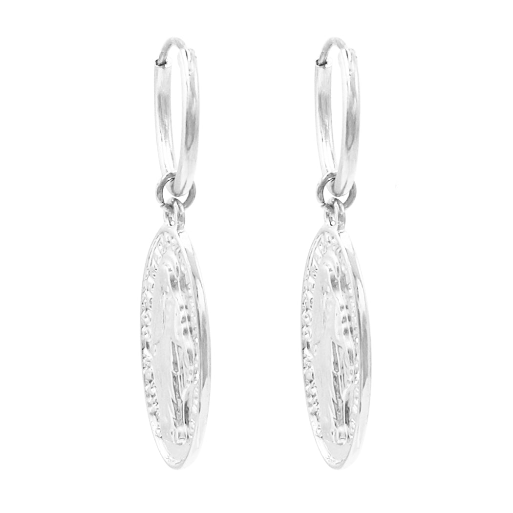 Religious 14K Gold Filled Medal of Mary Hoop Drop Earrings, 1.6" (Silver Tone)