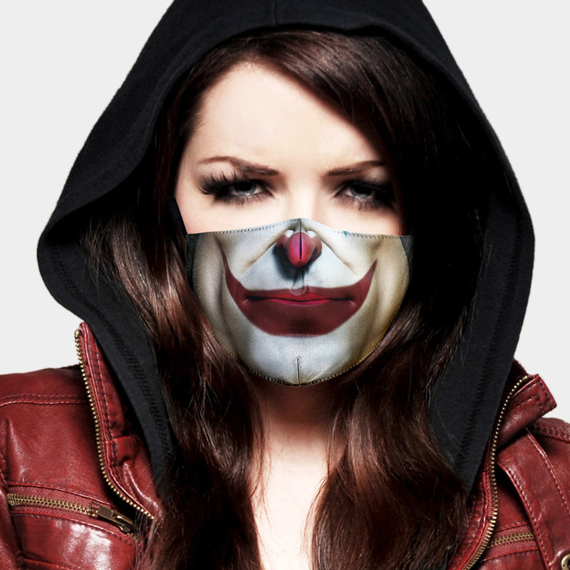 Trendy 100% Cotton Reusable and Washable Novelty Print Fashion Fabric Face Masks with Filtration Pocket (Clown Face Joker)